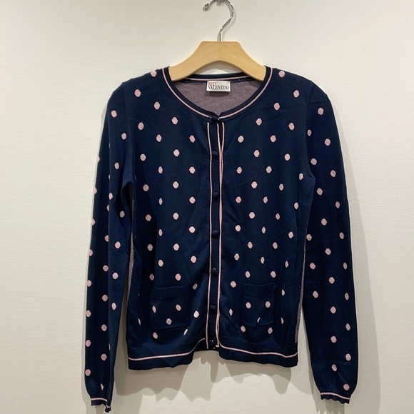 Red Valentino Navy With Pink Dots Cardigan Sweater-GORGEOUS-Preppy—Excl. Cond!! - Picture 1 of 9